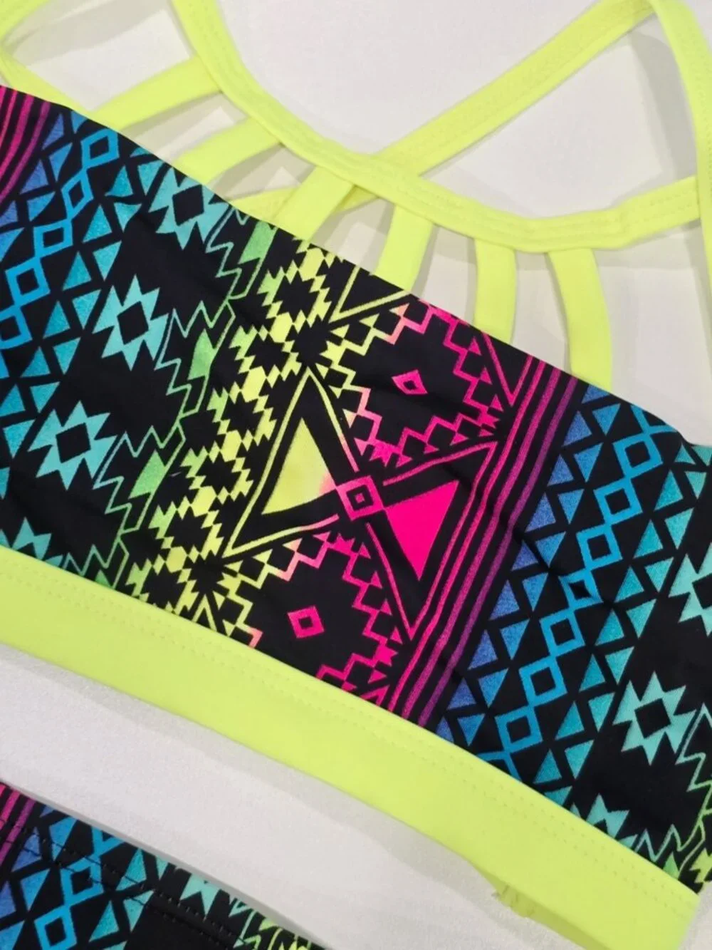 Justice ✦ Girls Neon Bikini Set ✦ Tribal Print High-Waisted UPF 50+ Size 8